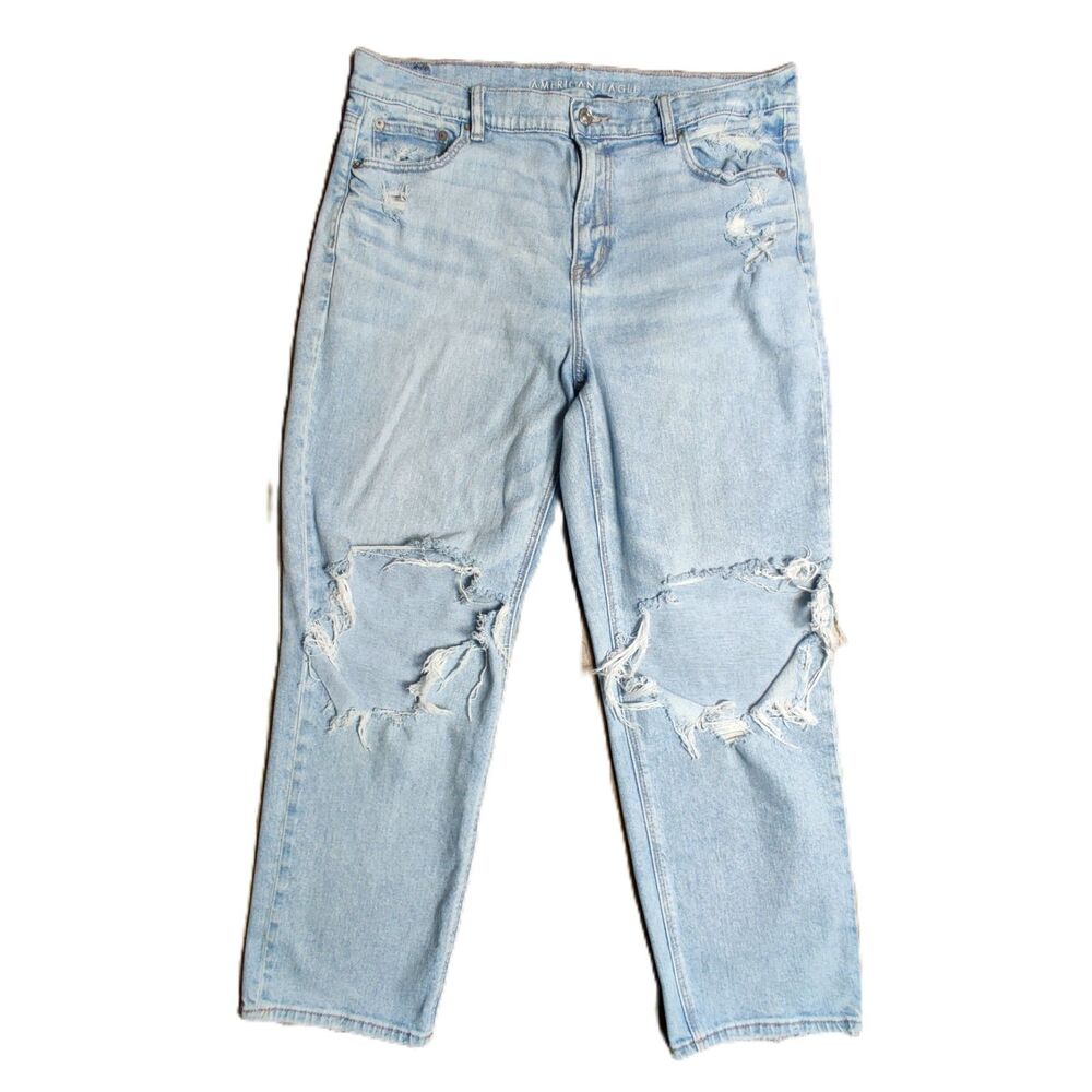 American Eagle Super High Rise Ankle Straight Jeans Size 16 Ripped Distressed